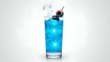 Eye-catching neon blue mocktail with glowing bubbles and a spooky eye garnish, perfect for Halloween or a themed party, isolated on white