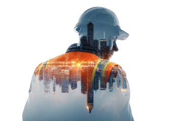 Double exposure of construction worker, city skyline