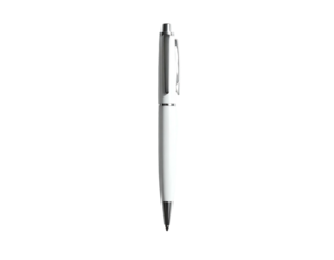 Sleek, minimalist white pen with a metallic clip and a simple, cylindrical design, isolated on a black background