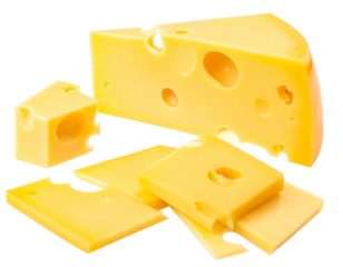 A wedge and several slices of Swiss cheese, showing its characteristic holes and pale yellow color, are arranged on a white background