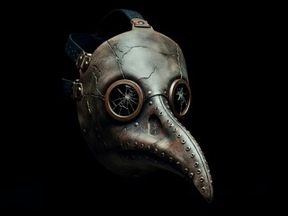 Gothic steampunk plague doctor mask with a long beak and cracked lenses, a creepy historical artifact isolated on a black background