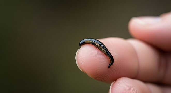 Close up of a leech resting on a human fingertip in natural light