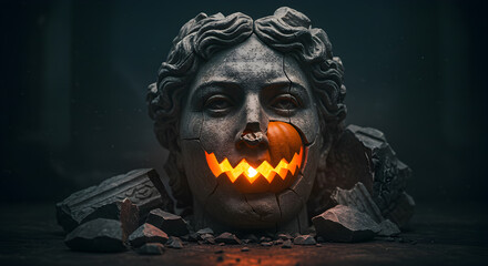 Distressed Stone Statue Head with Pumpkin Jack O Lantern Face Glow on Dark Textured Background