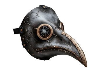 Creepy plague doctor mask with cracked glass eyes, isolated on a clear blank white background for historical or Halloween concepts