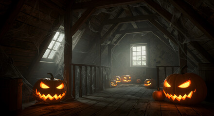 Obraz premium Eerie Attic Halloween Display with Glowing Jack o Lanterns and Cobwebs Lit by Window Light