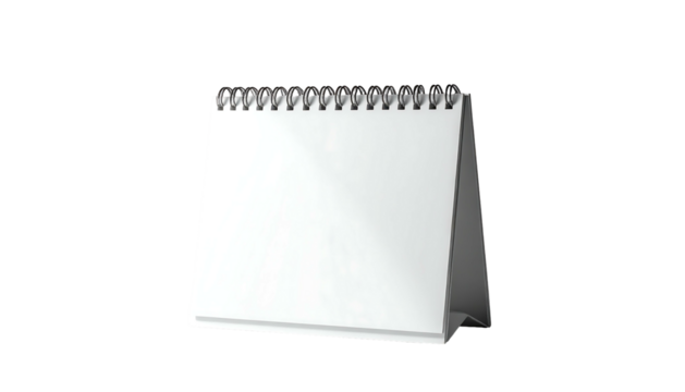 A blank, white, desktop calendar with a spiral binding stands upright, showcasing its clean, simple design, ready for customization or use