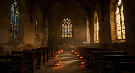 Fototapeta premium Eerie Abandoned Church Interior with Glowing Jack o' Lanterns Along Aisle and Stained Glass Windows