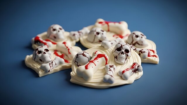 Feedio_Imagen_Ghostly white marshmallows with scary faces, isolated blue blank background