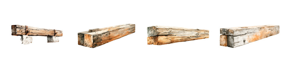 Fototapeta premium Vintage Wooden Beam Collection on White Background