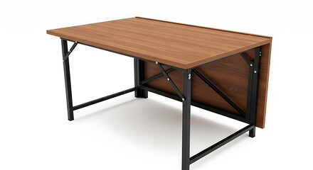 A light brown folding table with a black metal frame on a white background in a studio setting ai generated