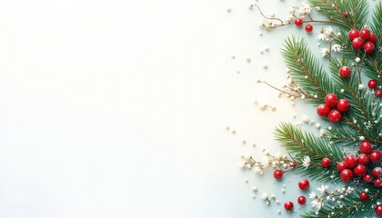 A close-up of evergreen branches adorned with red berries and small white flowers. The background is light and minimalistic, creating a festive atmosphere.
