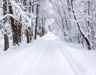 Snowy winter path through a frosted forest