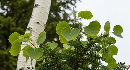 Aspen Tree Trunk and Green Leaves in a Forest Setting.