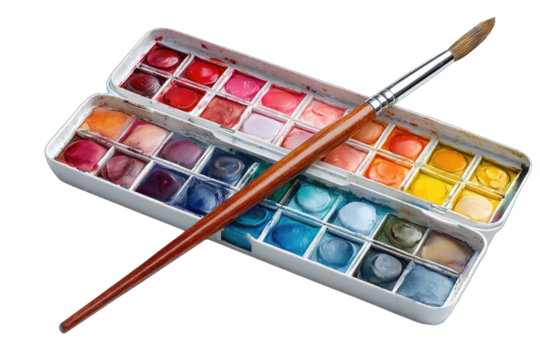 Watercolor paints and brush in a box