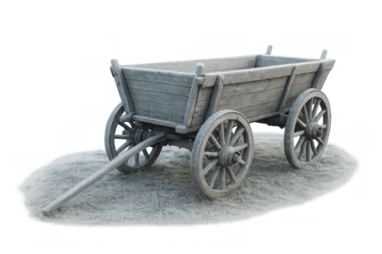 Old wooden farm cart antique wagon covered with frost