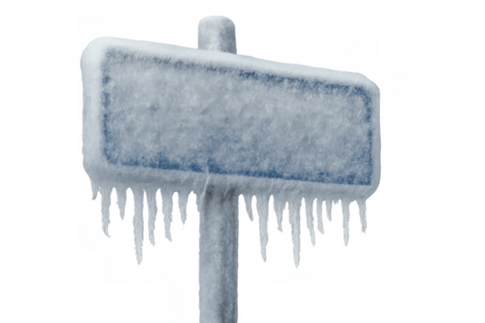Blank signpost pole covered in ice and icicles