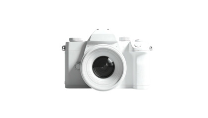 A pristine white DSLR camera, front view, showcasing its lens and body details against a black background