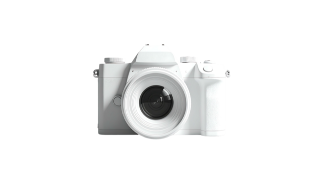 A pristine white DSLR camera, front view, showcasing its lens and body details against a black background