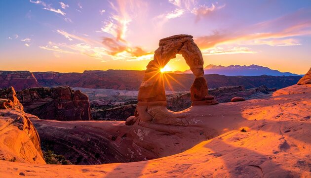 Sunburst shining through sandstone archway with a scenic vista of layered red rock formations at sunset with pink and gold sky