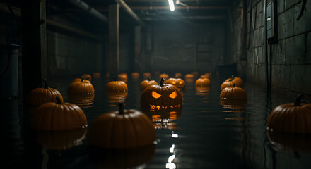 Fototapeta premium Flooded Basement with Pumpkins Lit Halloween Jack O Lanterns in Dark Room