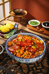 Traditional Chinese Braised Pork Knuckle with Soybeans in Authentic Porcelain Bowl - Gourmet Asian Cuisine