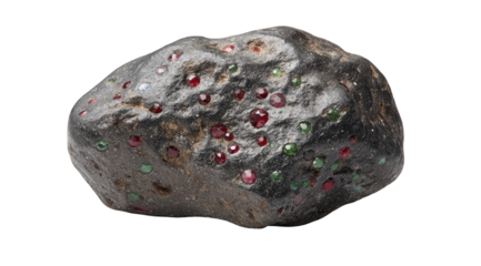 Dark rock with embedded red and green gems