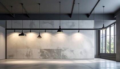 A minimalist interior shot with hanging lights, concrete floor, marble wall, and a window showcasing greenery. An empty space