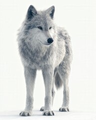 Obraz premium White wolf standing wild animal isolated winter background. Striking image of a white wolf standing against a pale backdrop. Captures the essence of wilderness, power, and winter wildlife.