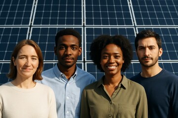 Group of diverse young adults standing in sunlight in front of large solar panel background, promoting clean energy and sustainability together. Ai generative
