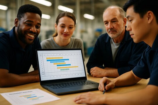 Diverse team of professionals analyzing project timeline on laptop in industrial workplace with modern background and warm light atmosphere. Ai generative