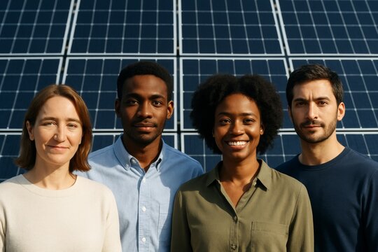 Group of diverse young adults standing in sunlight in front of large solar panel background, promoting clean energy and sustainability together. Ai generative - Powered by Adobe