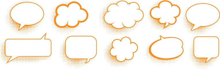 Collection of Orange and White Speech Bubbles with Halftone Dots