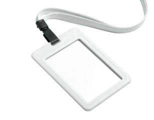 Blank white plastic ID card holder with a white lanyard