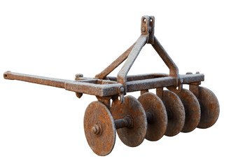 Rusty vintage disc harrowing farm equipment on transparent background