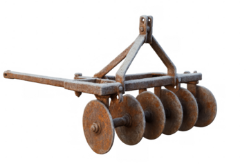 Rusty vintage disc harrowing farm equipment on transparent background
