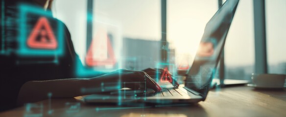 The laptop illuminated by digital security alerts in a modern workspace.