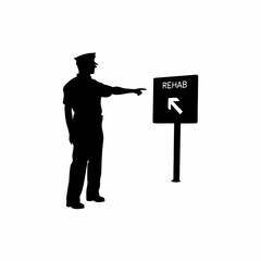 Silhouette of an officer pointing towards a rehabilitation center sign