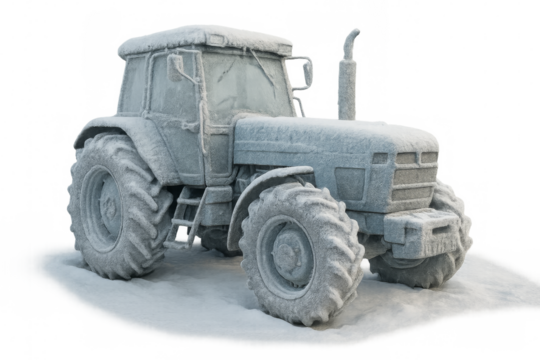 Tractor covered in snow standing on transparent background