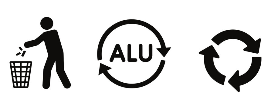 Encourage responsible recycling with these ALU icons showing waste disposal and recycling processes, promoting environmental awareness and sustainable practices in a modern design