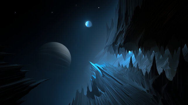 외계행성의 낯선 지형에서 본 두개의 위성이 보이는 우주공간, 초현실적 배경-A spacescape showing two moons seen from the strange terrain of an exoplanet, a surreal backdrop