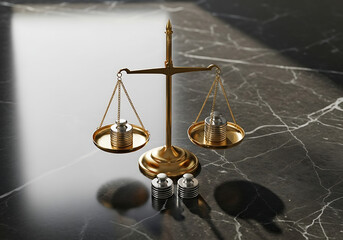 Golden balance scale with weights on a marble surface equilibrium concept
