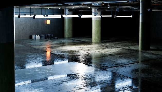 Empty underground industrial garage with wet concrete floor and fluorescent lights