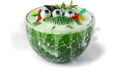 Spooky Halloween punch with gummy eyeballs and gummy worms for a festive celebration on white background