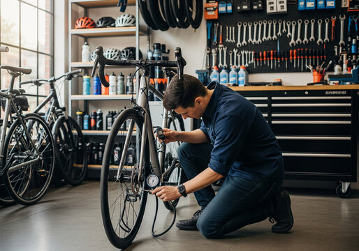 Bicycle Repair Shop Mechanic Inflating Tire, Maintenance, Tools, Bikes, Workshop, Services, Bicycle Shop. - Powered by Adobe
