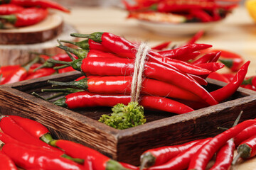 Fresh Red Sichuan Chili Peppers in Rustic Wooden Box - Spicy Asian Cooking Ingredients