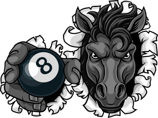 Horse mustang bronco stallion angry pool billiards sports team mascot holding a ball.