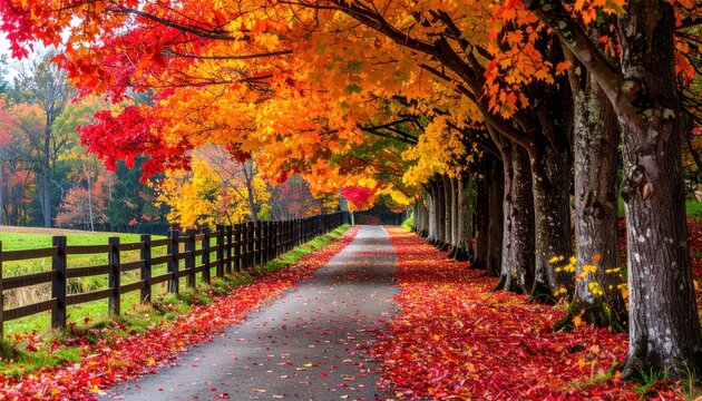 A long, straight path flanked by autumn-colored trees leads to a distant blur of foliage, inviting exploration and serenity in the landscape