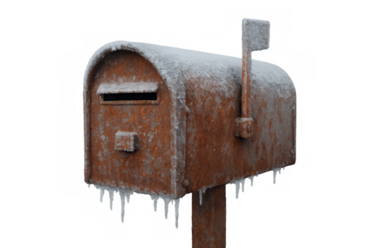 Rusty mailbox freezing in winter with snow and ice