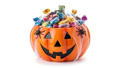 Halloween pumpkin full of candy with spiders and cobwebs, isolated on a white background, perfect for festive decorations and trick-or-treating