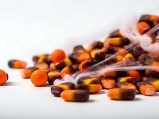 Vibrant Halloween candy corn and festive orange treats with spooky cobwebs, spilled artfully on a crisp, isolated clear white background, ready for holiday design